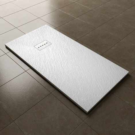 ELEGANT 1400x700mm Slip-Resistance Shower Tray White Slate Effect Square Shower Enclosure Base with Waste Trap and Drain Cover