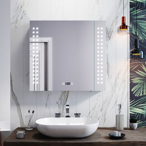 ELEGANT LED Illuminated Bathroom Mirror Cabinet Smart with Shaver Scocket Demester Pad Clock Dispaly Glass Shelves 2 Door Storage 650 x 600 x 130 mm