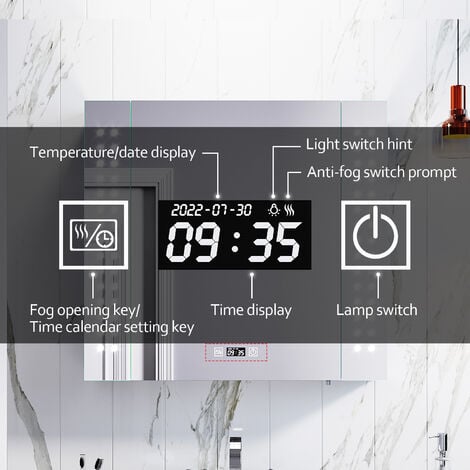 ELEGANT LED Illuminated Bathroom Mirror Cabinet Smart with Shaver Scocket Demester Pad Clock Dispaly Glass Shelves 2 Door Storage 650 x 600 x 130 mm