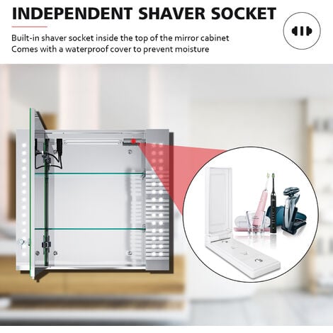 ELEGANT LED Illuminated Bathroom Mirror Cabinet Smart with Shaver Scocket Demester Pad Clock Dispaly Glass Shelves 2 Door Storage 650 x 600 x 130 mm
