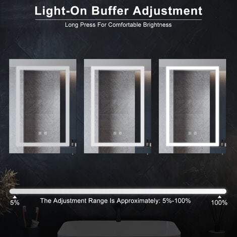 ELEGANT Bathroom Illuminated Mirror Cabinet Stainless Steel Storage with LED Lights Shaver Scocket Demester Pad Adjustable Glass Shelves 500 x 700 x 130 mm
