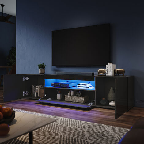 ELEGANT 2000mm Modern Black High Gloss TV Stand Cabinet with LED Ambient Lights Living Room Cabinet Media Stand Furntiure for 32"-75" Flat Screen 4k TVs