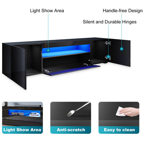 ELEGANT 2000mm Modern Black High Gloss TV Stand Cabinet with LED Ambient Lights Living Room Cabinet Media Stand Furntiure for 32"-75" Flat Screen 4k TVs