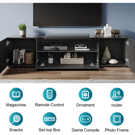 ELEGANT 2000mm Modern Black High Gloss TV Stand Cabinet with LED Ambient Lights Living Room Cabinet Media Stand Furntiure for 32"-75" Flat Screen 4k TVs