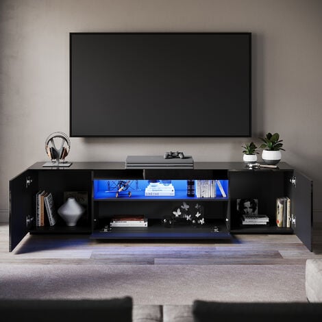 ELEGANT 2000mm LED TV Unit Stand Cabinet Modern TV Desk Living Room Home Furniture 2 Door with Large Shelves for Storage in Black High Gloss
