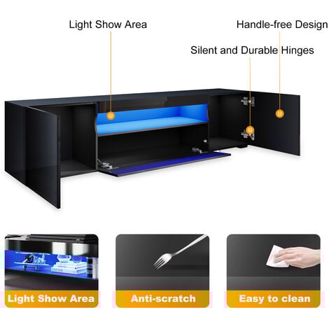 ELEGANT 2000mm LED TV Unit Stand Cabinet Modern TV Desk Living Room Home Furniture 2 Door with Large Shelves for Storage in Black High Gloss