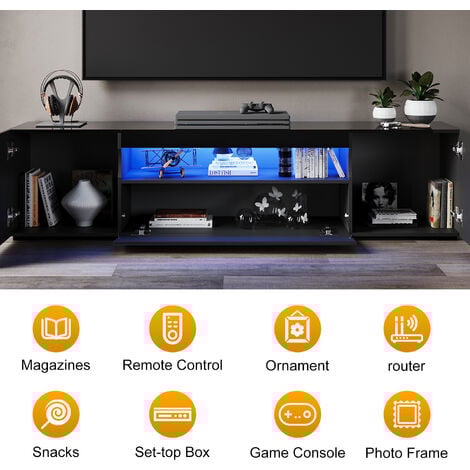ELEGANT 2000mm LED TV Unit Stand Cabinet Modern TV Desk Living Room Home Furniture 2 Door with Large Shelves for Storage in Black High Gloss