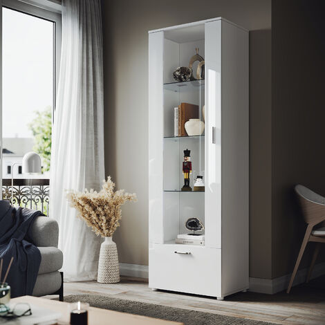 ELEGANT Designer Tall Display Cabinet Cupboard in White High Gloss Multicolour LED Lights 5mm Tempered Safety Glass Shelves 1870 x 600 x 40 mm