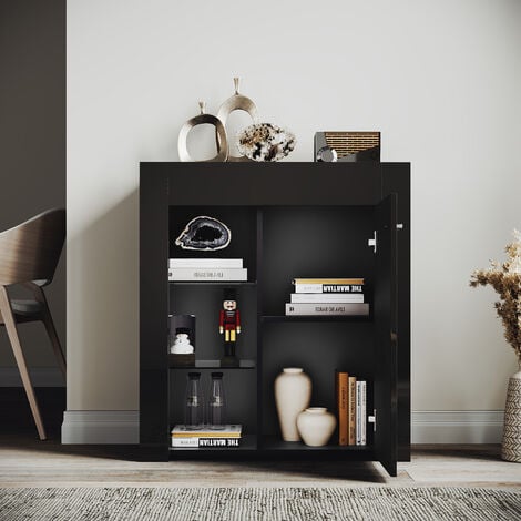 ELEGANT Modern LED Small Display Cabinet in Black High Gloss 830 x 750 x 35 mm Cupboard with 5mm Tempered Safety Glass Shelves Sideboard Unit for Living Room