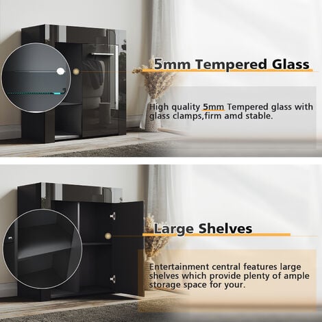ELEGANT Modern LED Small Display Cabinet in Black High Gloss 830 x 750 x 35 mm Cupboard with 5mm Tempered Safety Glass Shelves Sideboard Unit for Living Room