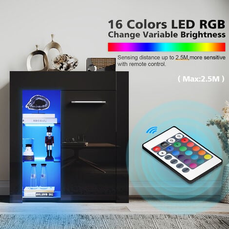 ELEGANT Modern LED Small Display Cabinet in Black High Gloss 830 x 750 x 35 mm Cupboard with 5mm Tempered Safety Glass Shelves Sideboard Unit for Living Room
