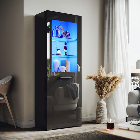 ELEGANT Designer Large Display Cabinet Cupboard in Black High Gloss Multicolour LED Lights 5mm Tempered Safety Glass Shelves 1650 x 600 x 35 mm