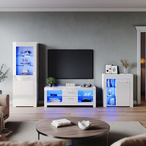 ELEGANT Modern High Gloss Living Room Set with RGB LED Lights Display ...