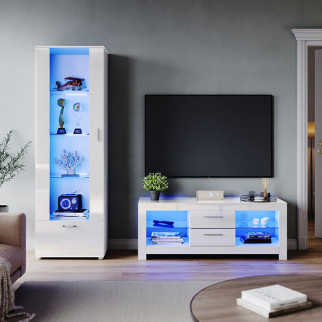 ELEGANT Modern High Gloss Living Room Set with RGB LED Lights Display Cabinet Storage Unit + 1300mm TV Stand Cabinet White Furniture Set 5