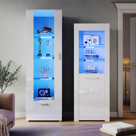 ELEGANT Modern Dispaly Cabinets Living Room Set with RGB LED Lights Cupboard Sideboard Storage Unit White Gloss Dispaly Cabinet Set 2