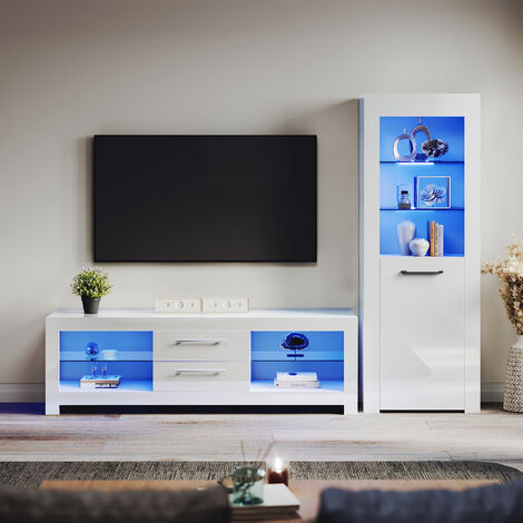 ELEGANT 1600mm TV Stand Cabinet + Sideboard Display Cabinet Set with Multicolour LED Lights White Gloss Storage Unit for Living Room Furniture Set 2
