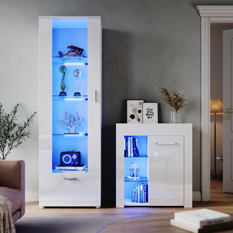 ELEGANT Modern Dispaly Cabinets Living Room Set with RGB LED Lights Cupboard Sideboard Storage Unit White Gloss Dispaly Cabinet Set 3