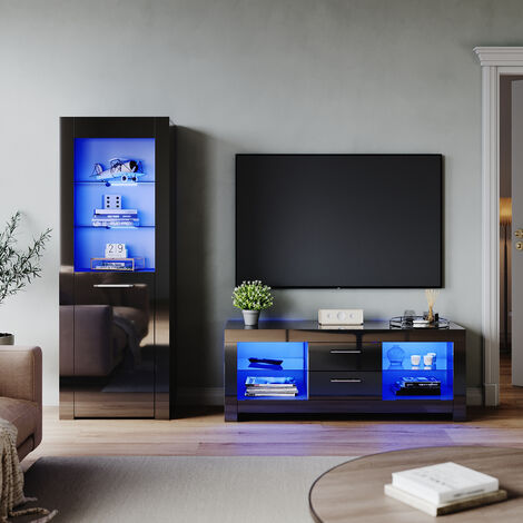 ELEGANT Modern High Gloss Living Room Set with RGB LED Lights Display Cabinet Storage Unit + 1300mm TV Stand Cabinet Black Furniture Set 2