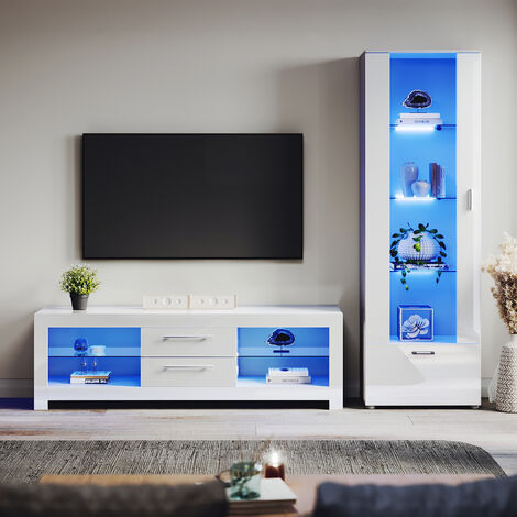 ELEGANT 1600mm TV Stand Cabinet + Sideboard Display Cabinet Set with Multicolour LED Lights White Gloss Storage Unit for Living Room Furniture Set 5