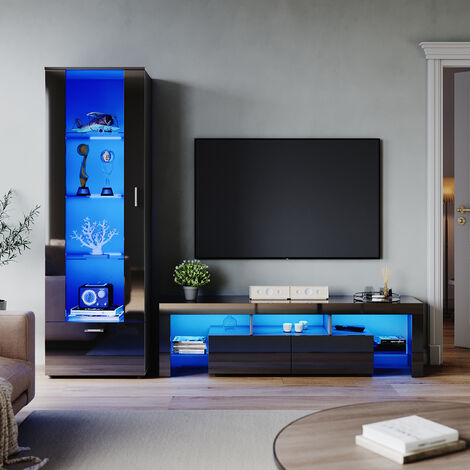ELEGANT High Gloss 1600mm TV Stand Cabinet Sideboard Display Cabinet with RGB LED Lights Storage Unit Black Living Room Set 5 (1/5)