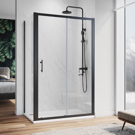ELEGANT Sliding Shower Enclosure 1000 x 700 mm 6mm Safety Glass Reversible Bathroom Cubicle Screen Door with Side Panel-Matt Black Frame + Shower Tray and Waste (1/5)
