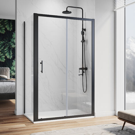 ELEGANT Sliding Shower Enclosure 1200 x 700 mm 6mm Safety Glass Reversible Bathroom Cubicle Screen Door with Side Panel-Matt Black Frame