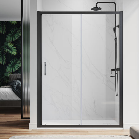 ELEGANT 1400mm Modern Sliding Shower Door Reversible Bathroom Shower Enclosure Cubicles Matt Black Frame 6mm Glass