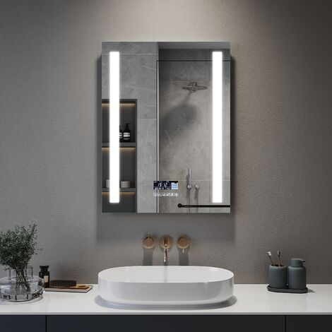 ELEGANT 600 x 800mm Modern Multifunction Smart Bathroom Mirror with Shaver Socket, Anti-Fog, Dimmable Touch Switch Control Clock Function LED Illuminated Bathroom Vanity Mirror (3PCS)