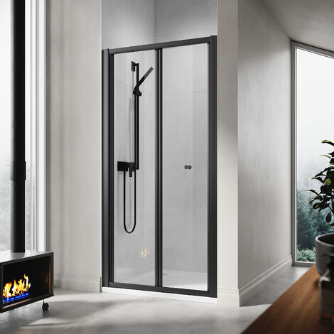 ELEGANT Bathroom 900mm Bi-Fold Shower Door Matt Black Frame Folding Glass Cubicle Door + 900 x 1200mm Slip-Resistance Shower Tray with Waste and Resin Cover Grate (1/5)