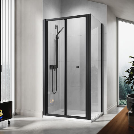 ELEGANT 700 x 900mm Bi-Fold Shower Enclosure Matt Black Frame Folding Glass Cubicle Door + Side Panel