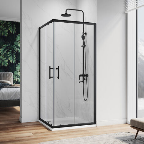 ELEGANT 900 x 760 mm Sliding Corner Entry Shower Enclosure Door Cubicle Matt Black Frame