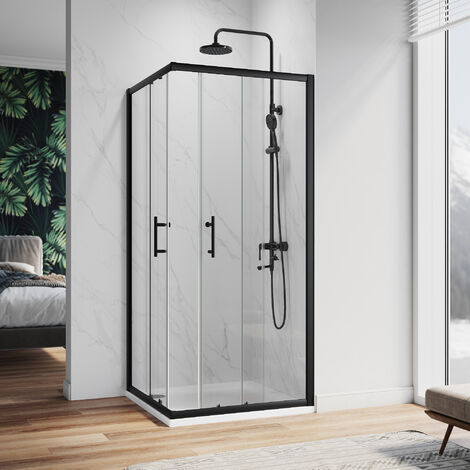 ELEGANT 900 x 760 mm Sliding Corner Entry Shower Enclosure Door Cubicle Matt Black Frame