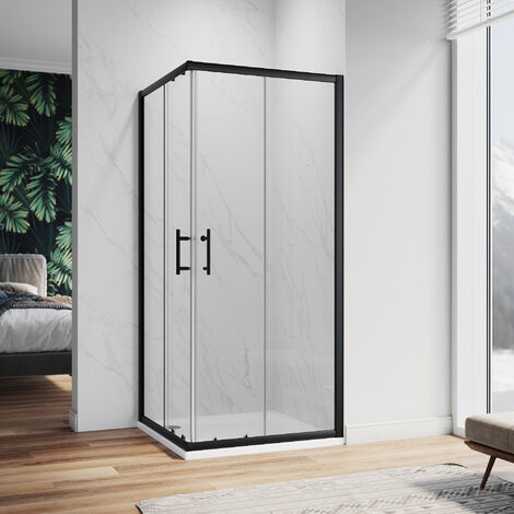 ELEGANT Shower Enclosure Corner Entry Shower Door Matt Black Frame Square Sliding Cubicle 760 x 760mm with Tray