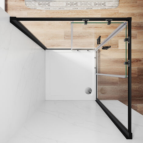 ELEGANT Shower Enclosure Corner Entry Shower Door Matt Black Frame Square Sliding Cubicle 760 x 760mm with Tray