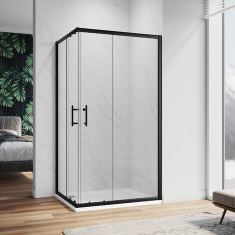 ELEGANT Shower Enclosure Corner Entry Shower Door Matt Black Frame Sliding Cubicle 1000 x 900mm with Tray (1/5)