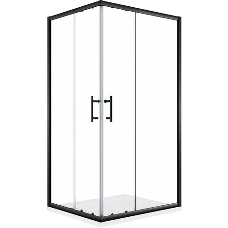 ELEGANT Sliding Corner Entry Shower Enclosure Door Black Frame Cubicle 1000 x 800 mm + Slip-Resistance Shower Tray with Waste and Resin Cover Grate
