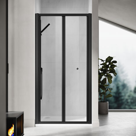 ELEGANT 700mm Bi-Fold Shower Door Black Frame Folding Glass Shower Enclosure Cubicles Door with 700 x 1200mm Shower Tray, Waste Trap (1/5)