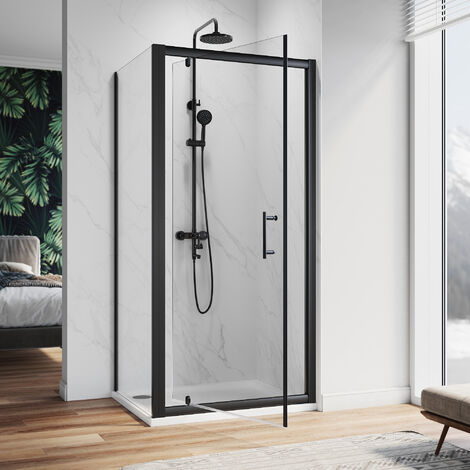 ELEGANT Pivot Hinge Shower Enclosure Black Frame Cubicle 6mm Glass Screen Shower Door 1000mm + Side Panel 900mm with Shower Tray (1/5)