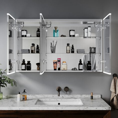 ELEGANT LED Bathroom Cabinet Stainless Steel Cupboard Mirror Cabinet with Shavor Socket Touch Sensor 1050x650X125mm 3 Doors Design Dimmable Bluetooth