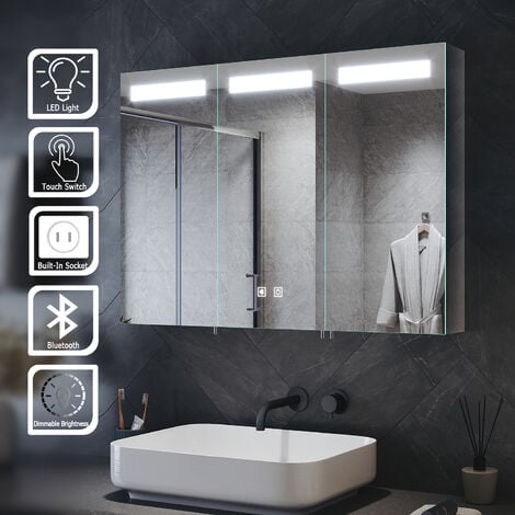 Elegant Led Bathroom Mirror Cabinet With Shaver Socket And Bluetooth Speakers Stainless Steel Dimmable