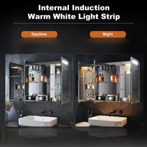 ELEGANT LED Bathroom Mirror Cabinet with Shaver Socket and Bluetooth Speakers Stainless Steel Cabinet with Dimmable Brightness + Sensor Touch 900 x 650mm Smart Bathroom Cabinet