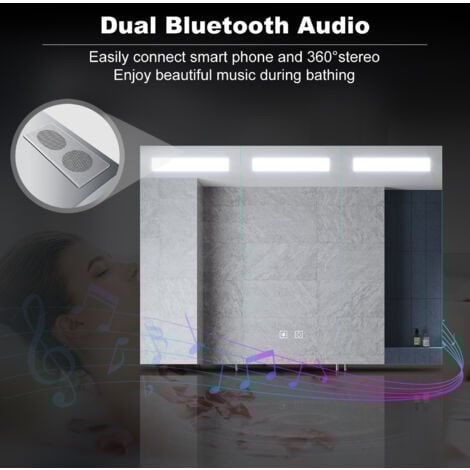 ELEGANT LED Bathroom Mirror Cabinet with Shaver Socket and Bluetooth Speakers Stainless Steel Cabinet with Dimmable Brightness + Sensor Touch 900 x 650mm Smart Bathroom Cabinet