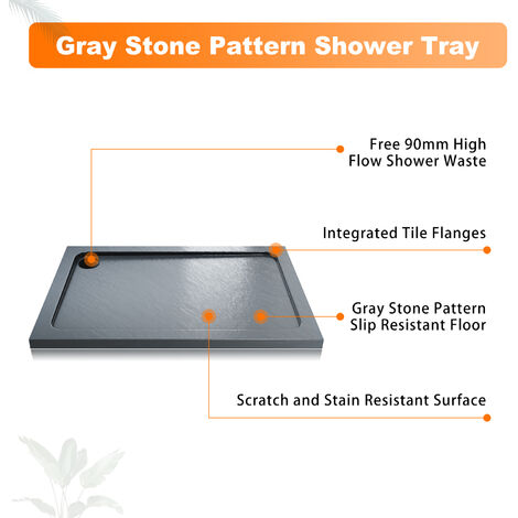 ELEGANT Anti-Slip Rectangular Stone Shower Tray Gray with Free Waste ...