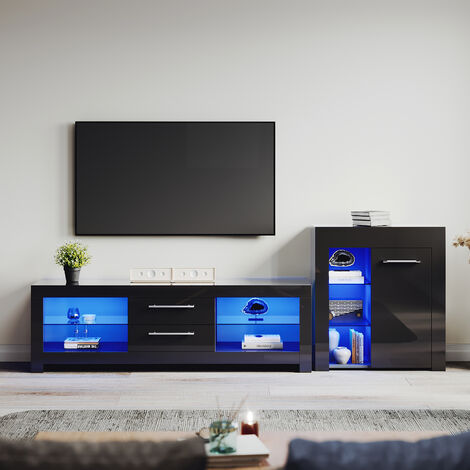 ELEGANT 1600mm TV Stand Cabinet + Sideboard Display Cabinet Set with Multicolour LED Lights Black Gloss Storage Unit for Living Room Furniture Set 4