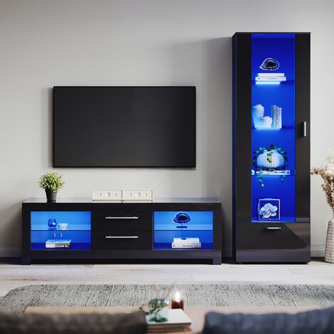 ELEGANT 1600mm TV Stand Cabinet + Sideboard Display Cabinet Set with Multicolour LED Lights Black Gloss Storage Unit for Living Room Furniture Set 5