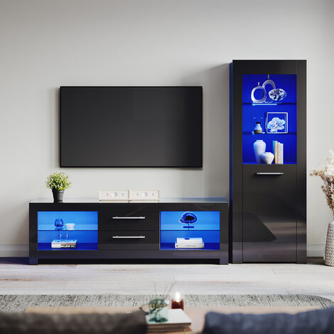 ELEGANT 1600mm TV Stand Cabinet + Sideboard Display Cabinet Set with Multicolour LED Lights Black Gloss Storage Unit for Living Room Furniture Set 2