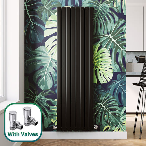 ELEGANT Modern Black Flat Panel Central Heating Radiator 1800 x 544mm Vertical Double Panel Rads + Chrome Angled Radiator Valves (1/5)