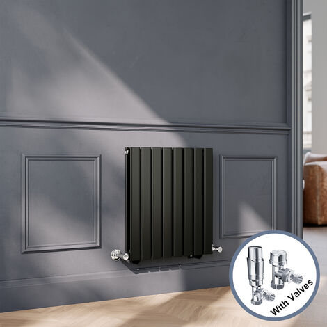 ELEGANT Black Flat Panel Central Heating Radiator with Chrome Angled Thermostatic Radiator Valves 600 x 544mm Horizontal Double Panel Rads (1/5)