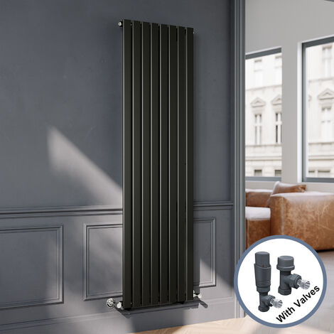 ELEGANT Black Flat Panel Central Heating Radiator with Anthracite Angled Thermostatic Radiator Valves 1800 x 544mm Vertical Single Panel Rads (1/5)