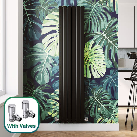 ELEGANT Modern Black Flat Panel Central Heating Radiator 1800 x 408mm Vertical Single Panel Rads + Chrome Angled Radiator Valves (1/5)